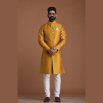 Golden Diamond Shape Maharaja Style Brocade Silk Sherwani | Regal Wedding Attire for Men | Jaipurio